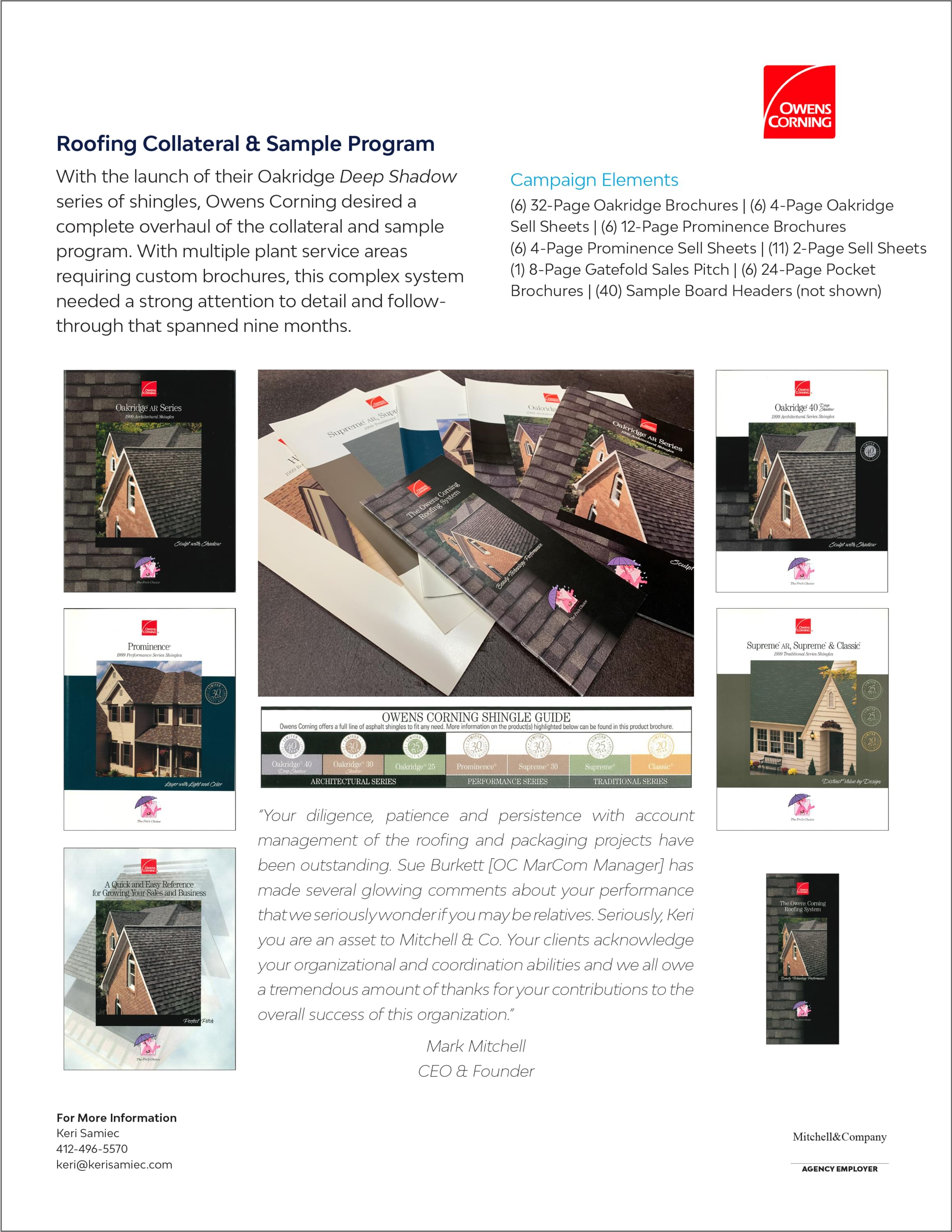 A case study for Owens Corning Roofing for the development of their collateral and sample program